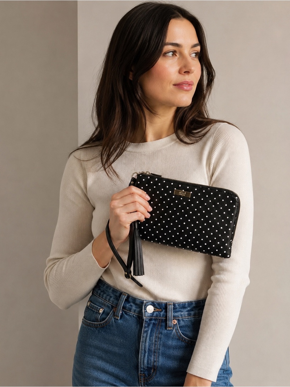Jones New York Black & White Polka Dot Wristlet with Tassel/internal charger